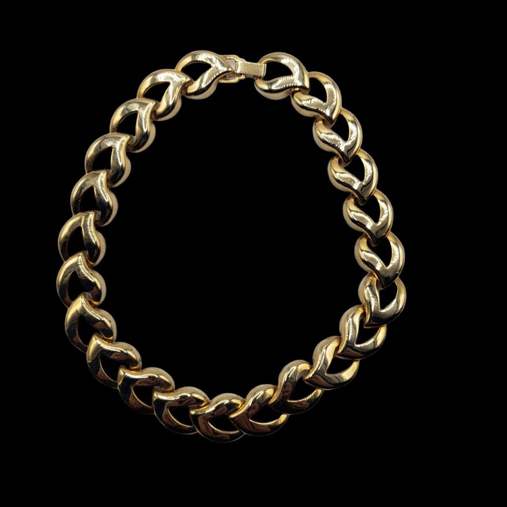 STATEMENT Chunky Chain Link Necklace Collar Length Gold Tone Retro Heart Leaf - Picture 4 of 6